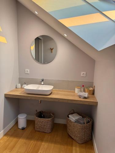 une salle de bain avec un lavabo et un miroir dans l'établissement Très bel appartement indépendant de type 2, à Laval