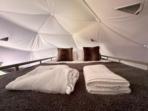 a room with two beds in a tent at Luna Domes in Chiddingstone