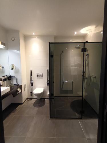 a bathroom with a glass shower and a toilet at Van Der Valk Hotel Brugge Oostkamp in Oostkamp