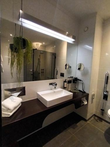 a bathroom with a sink and a large mirror at Van Der Valk Hotel Brugge Oostkamp in Oostkamp