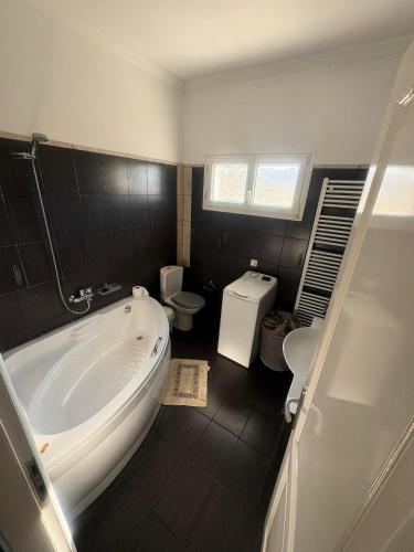 a bathroom with a tub and a toilet and a sink at Alex house in Kouramaditika