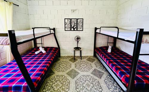 a room with two bunk beds and a window at Almalu Finca in Filadelfia
