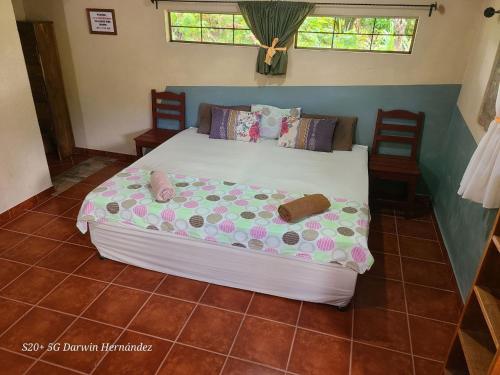 a bed in a room with two chairs at Rancho Tranquillo in Moyogalpa
