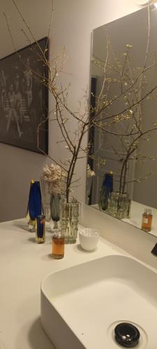 La salle de bains est pourvue d'un lavabo blanc et d'un miroir. dans l'établissement maison Rulman, à Nîmes