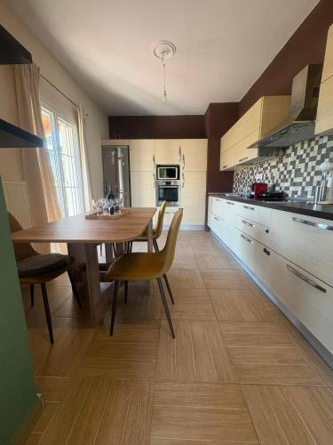 a large kitchen with a wooden table and chairs at Alex house in Kouramaditika