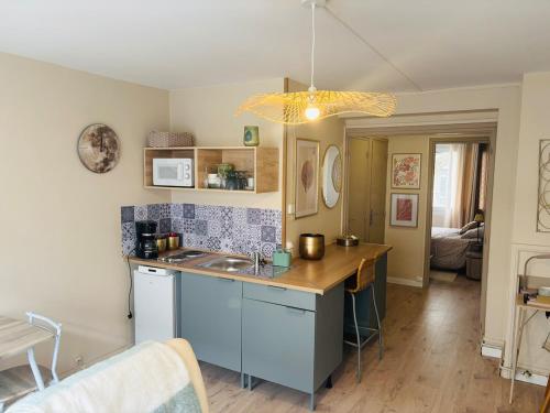 une cuisine avec un évier et un plan de travail dans l'établissement Le port et la plage 2 personnes, à Boulogne-sur-Mer