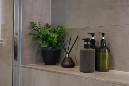 a shelf with three bottles of wine and a plant at Luxury York Minster Penthouse - Free Gym & Parking in York