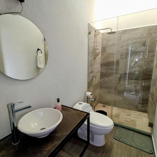 a bathroom with a sink and a toilet and a mirror at Studios V19 in Colima