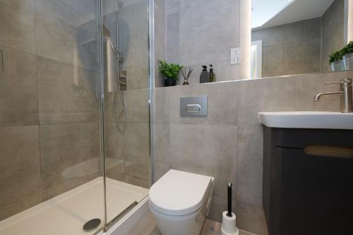 a bathroom with a shower and a toilet and a sink at Luxury York Minster Penthouse - Free Gym & Parking in York