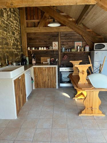 une cuisine avec des armoires en bois et un comptoir dans l'établissement Gite à la campagne, à Mézières-sous-Lavardin