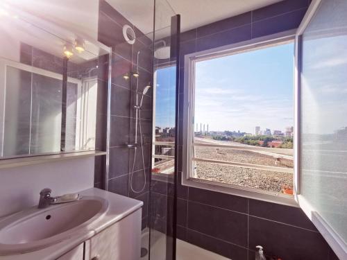 une salle de bain avec un lavabo et une fenêtre dans l'établissement Pleasant entire apartement in Bordeaux with parking, à Bordeaux