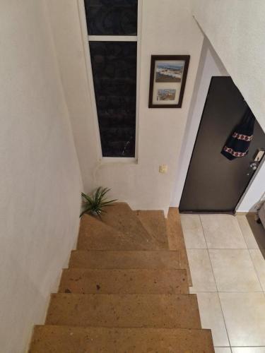 a staircase in a house with a window and a plant at Casa Mar y Laguna PUERTA AL SOL in General Juan N Alvarez International Airport