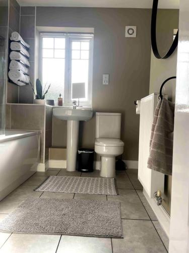 a bathroom with a sink and a toilet and a window at The Amazing Maisonette in Bideford