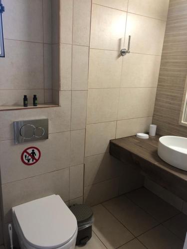 a bathroom with a toilet and a sink at Poseidon Apartments in Ayia Evfimia
