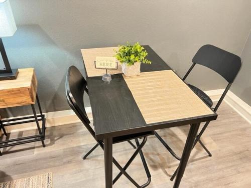 a black table with a plant in a box on it at Romantic Couples Retreat - Tahoe Room in Reno