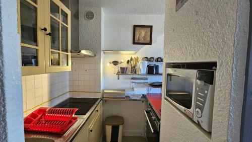 une petite cuisine avec un évier et un micro-ondes dans l'établissement Séjour détente entre étang et mer à la Couladère, au Barcarès