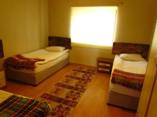 a small bedroom with two beds and a window at Amazon Antique in Selcuk