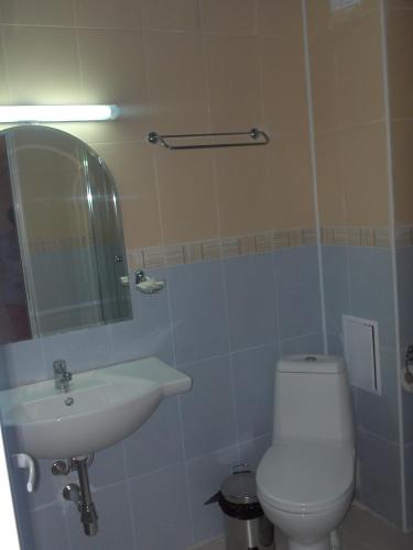 a bathroom with a toilet and a sink and a mirror at Dara Hotel in Primorsko
