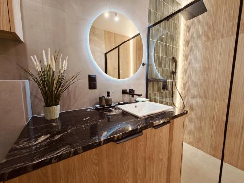 a bathroom with a sink and a mirror at Amber Coast Apartment Gdańsk in Gdańsk