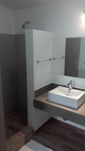 a bathroom with a white sink and a mirror at Cahuita Inn in Cahuita