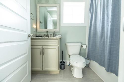 a bathroom with a toilet and a sink and a mirror at A Gem in the Heart of Black Mountain in Black Mountain