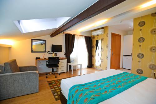 イスタンブールにあるRetropera Hotelのベッドルーム1室(ベッド1台、ソファ、デスク付)