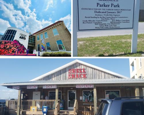 two pictures of a building with a sign and a parking lot at OceanView Oasis - Relax with Hot Tub, Breakfast, Fire Pit & Putting Green! in Panama City Beach