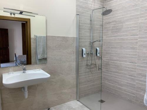 ein Badezimmer mit Waschbecken und Glasdusche in der Unterkunft Venta Cerro del Águila in Ventas con Peña Aguilera