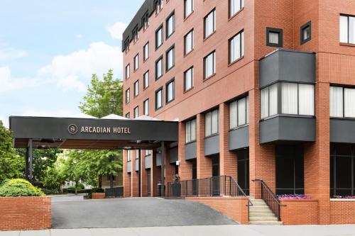 a building with a sign that reads niagara hospital at The Arcadian in Brookline