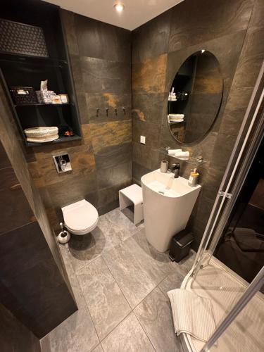 une salle de bain avec un lavabo, des toilettes et un miroir dans l'établissement Aux 2 Lièvres, à Riom-ès-Montagnes