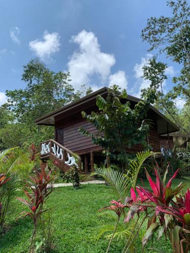 a house with a garden in front of it at Chato Arenal Lodge in Fortuna