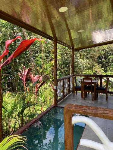 a deck with a plunge pool and a table and chairs at Chato Arenal Lodge in Fortuna