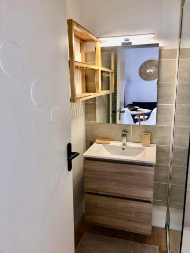 une salle de bain avec un lavabo et un miroir dans l'établissement Grand studio terrasse climatisé central et calme, à Saint-Raphaël