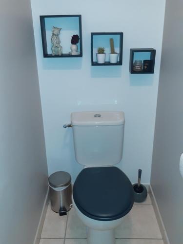 a bathroom with a toilet with three pictures on the wall at Chambre Privée Ploërmel in Ploërmel