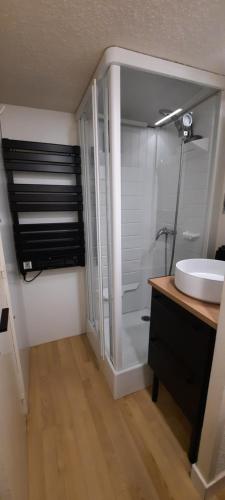 La salle de bains est pourvue d'une douche et d'un lavabo blanc. dans l'établissement Ty Cosy, à Arzon