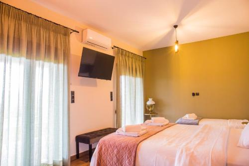 a bedroom with two beds and a flat screen tv at Villa de Vino in Ioannina