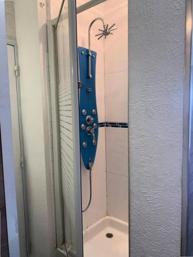 La salle de bains est pourvue d'une douche et d'un objet bleu. dans l'établissement Résidence Port Nature Colline 8 - Résidence Port Nature Colline 8 – Rez-de-jardin - Sud MAE-3371, au Cap d'Agde