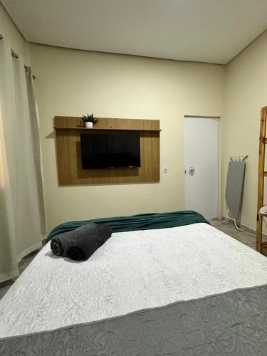 a bedroom with a bed with a television on the wall at Flats Ivy no centro de Palmas in Palmas