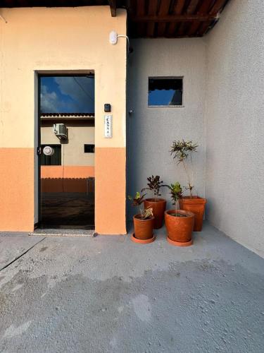 a group of potted plants sitting in front of a door at Flats Ivy no centro de Palmas in Palmas