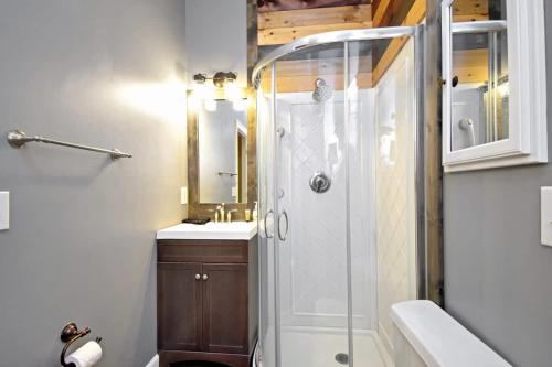 a bathroom with a shower and a sink at Boone Mountain Getaway- Hot Tub Firepit in Boone