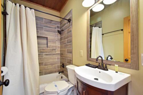 a bathroom with a sink and a toilet and a mirror at Boone Mountain Getaway- Hot Tub Firepit in Boone