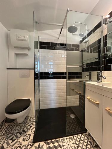 a bathroom with a toilet and a glass shower at La Cabane in Quiberville