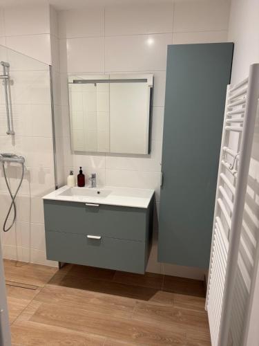 une salle de bain avec un lavabo et un miroir dans l'établissement Maison Trégastel, proche plage Coz Pors, à Trégastel