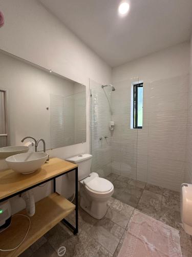 a bathroom with a toilet and a sink and a shower at Hotel Rossé in La Vega