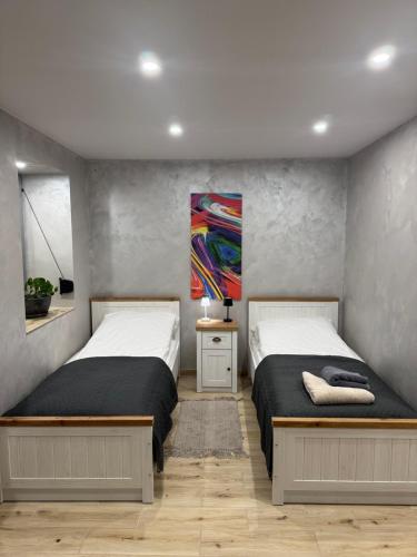 une chambre avec deux lits et un tableau au mur dans l'établissement Apartamenty CENTRUM MIASTA Tomaszowa Mazowieckiego Quick Check-in Szybkie zameldowanie, à Tomaszów Mazowiecki