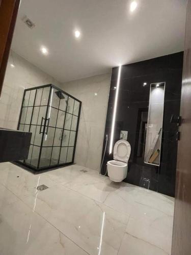 a bathroom with a toilet and a mirror at ساكب هاوس in Sākib