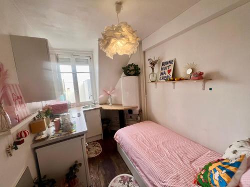 - une petite chambre avec un lit rose et un bureau dans l'établissement Paris centre Orsay studio, à Paris