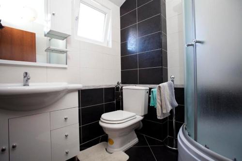 ein Bad mit einem WC, einem Waschbecken und einem Fenster in der Unterkunft Apartments Villa Leona in Betina