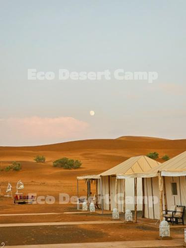 a tent in the desert with a field in the background at Eco Desert Camp in Merzouga