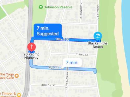 a map with two red dots and a blue at The Beach Side Micro Apartment With Free Parking in Blacksmiths